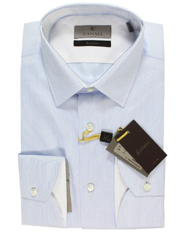 Canali Dress Shirt White Blue Patterned Stripes 40 - 15 3/4 - Exclusive Collection Hip Men's Retro