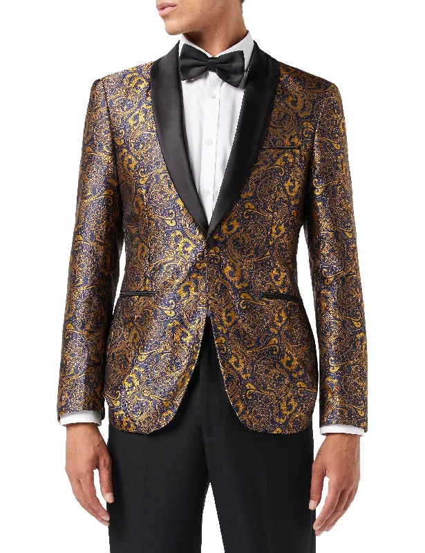 Gold Paisley Print on Navy Tuxedo Jacket Artistic Men's Avant