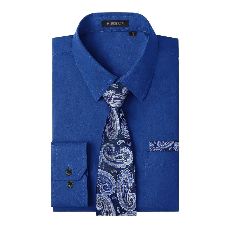 Men's Shirt with Tie Handkerchief Set - ROYAL BLUE/BLUE TIE Traditional Men's Wool