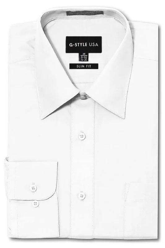 Men's Slim Fit Solid Color Dress Shirt (White) Sporty Men's Tennis