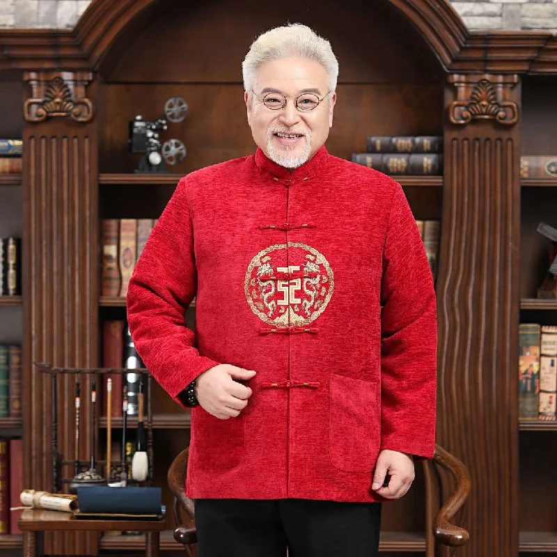 Mandarin Collar Dragon Embroidery Corduroy Traditional Chinese Jacket Father Coat Masculine Men's 