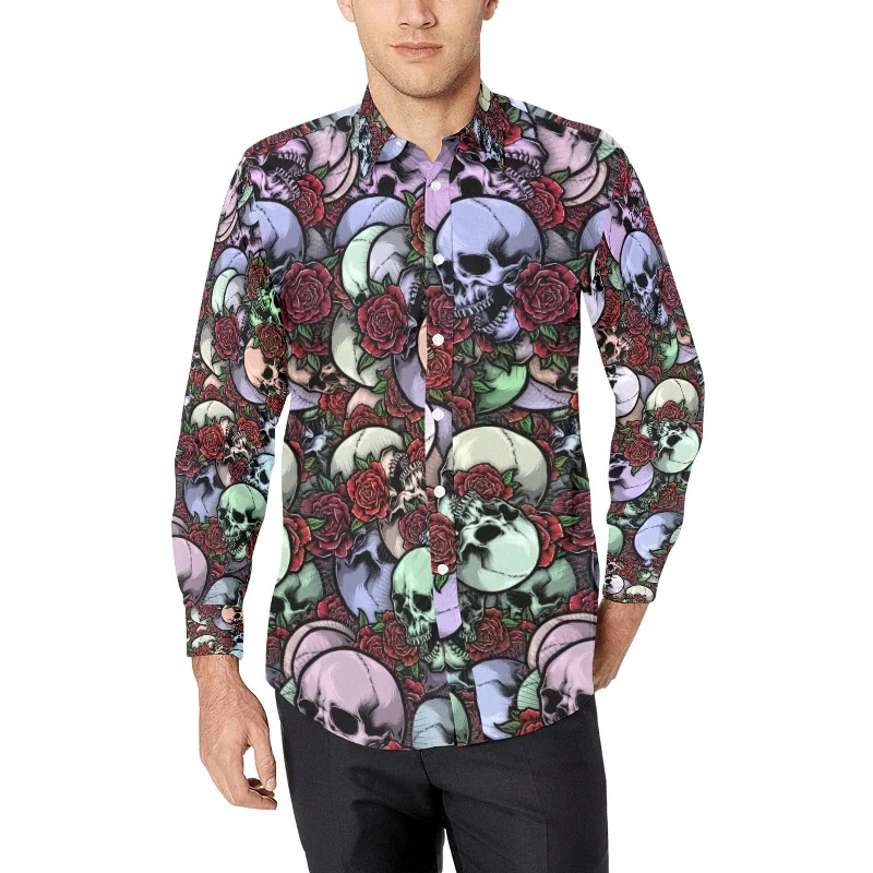 Men's Skulls Red Roses Long Sleeve Shirt Masculine Men's 