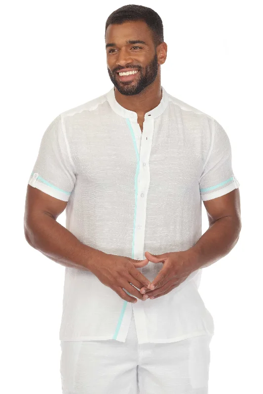 Men's Beach Mandarin Collar Button Down Two Tone Shirt Short Sleeve Gym