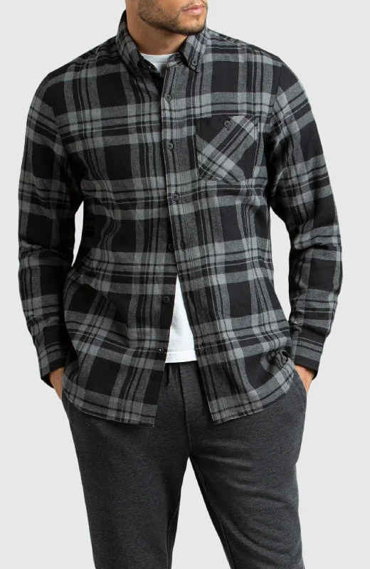 Grey and Black Plaid Flannel Shirt Confident Men's High