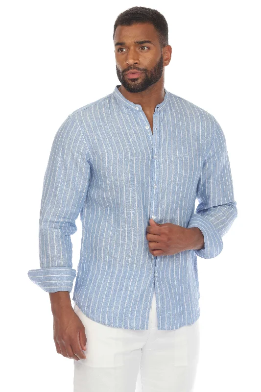 Mojito Men's Causal Mandarin Collar Pinstripe Shirt 100% Linen Long Sleeve Relaxed Men's Australian 