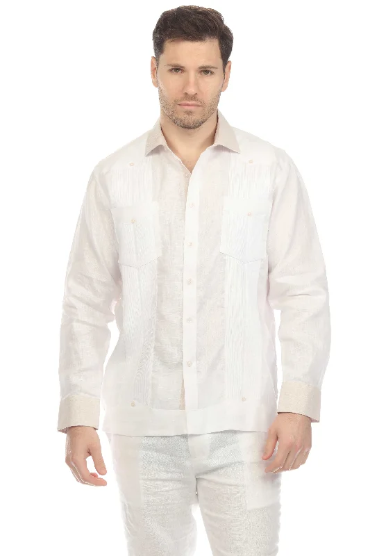 Mojito Men's 100% Linen Guayabera Chacabana Shirt Long Sleeve with Natural Contrast Color Adventure