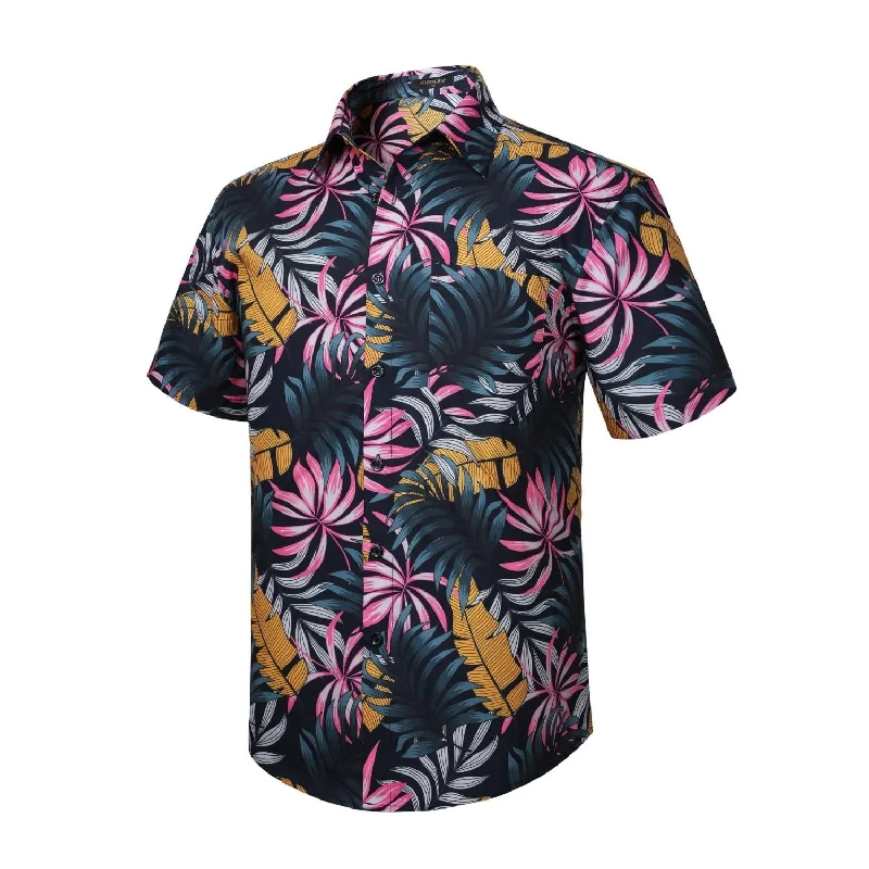 Funky Hawaiian Shirts with Pocket - 15-BLACK\LEAVES Confident Men's Power