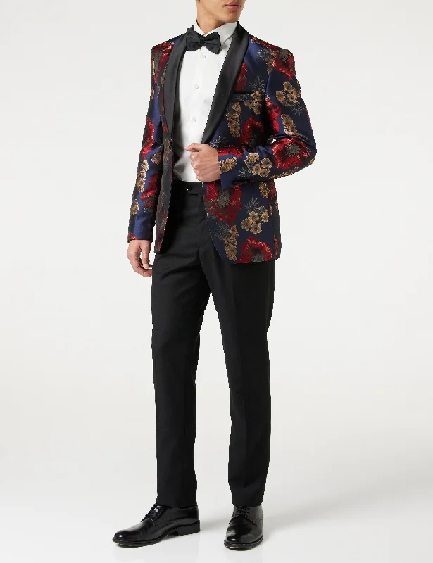 Flocked Floral Red Navy Tux Jacket Edgy Men's Punk