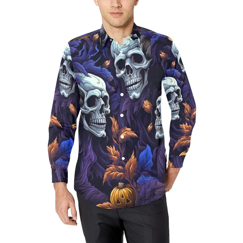 Men's Skulls Blue Long Sleeve Dress Shirt Tough Men's Military