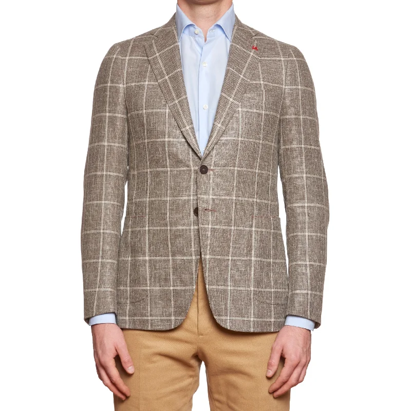 ISAIA Napoli "Cortina" Taupe Gray Plaid Wool-Silk-Linen Hopsack Jacket 46 NEW 36 Sharp Men's Italian