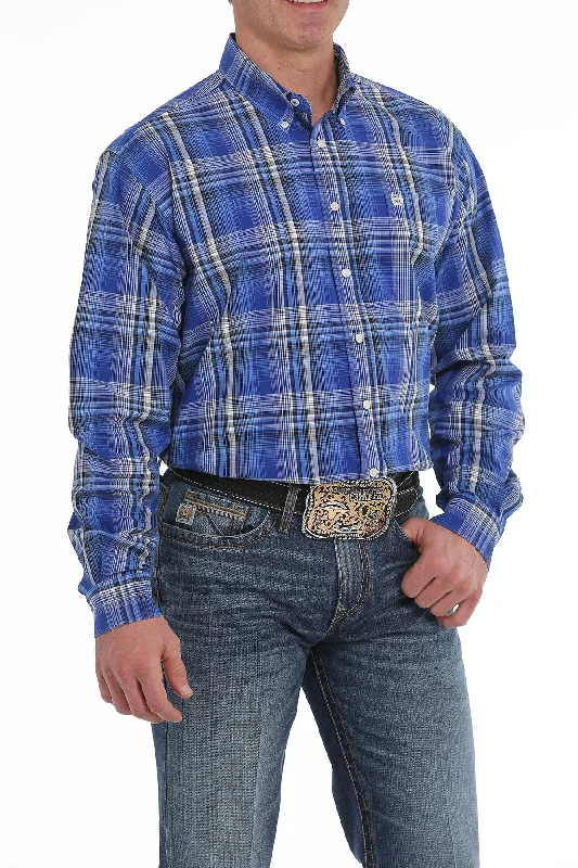 Cinch Men's Royal Blue, Cream & Black Plaid Shirt Masculine Men's 