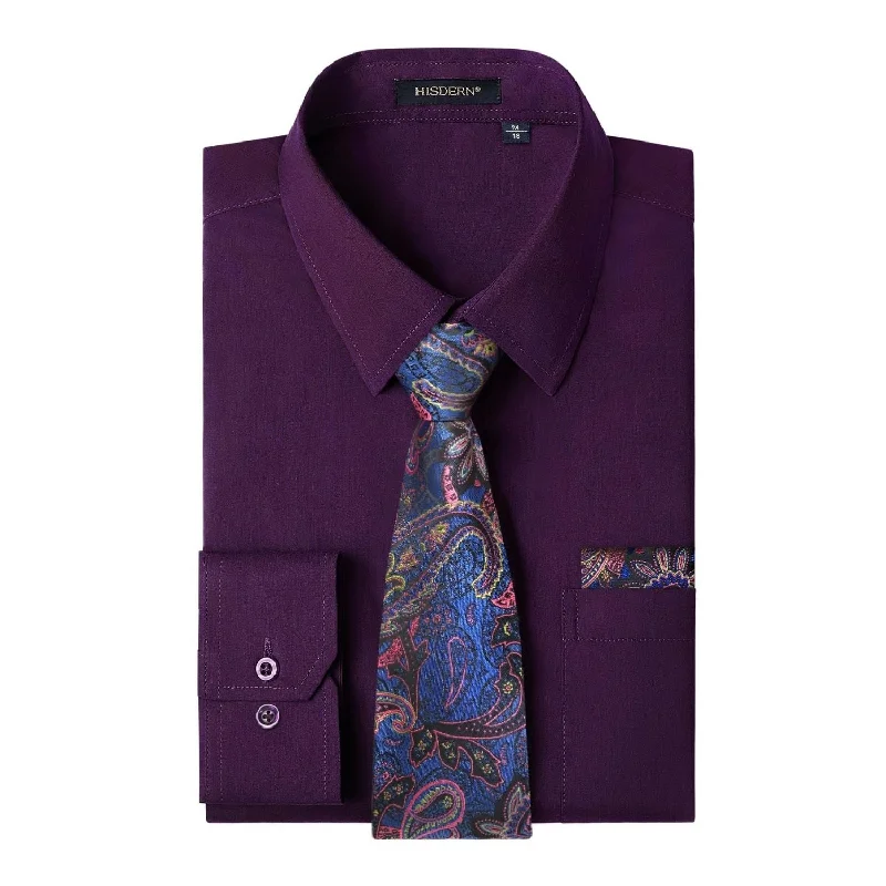 Men's Shirt with Tie Handkerchief Set - PURPLE/BLUE TIE Cclassic Men's Tweed