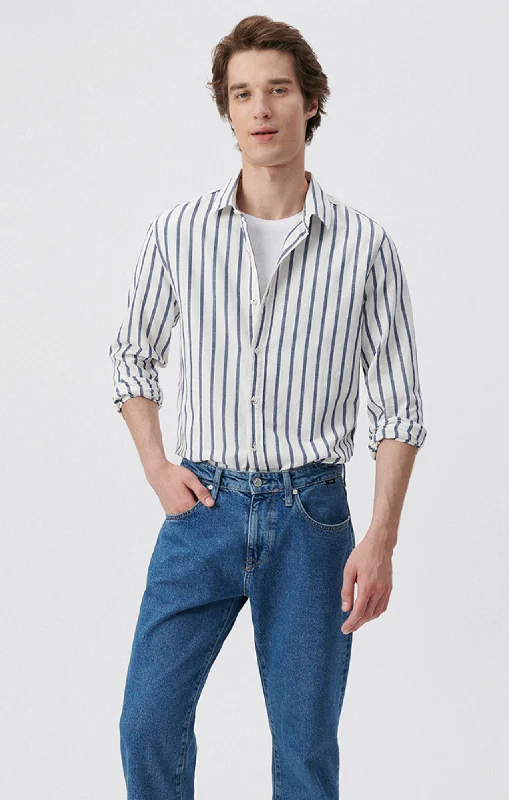 STRIPED BUTTON-UP LONG SLEEVE SHIRT IN DARK DENIM WHITE STRIPE Youthful Men's Pop