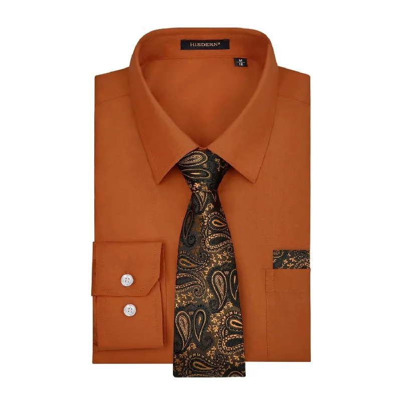 Men's Shirt with Tie Handkerchief Set - BROWN/BLACK TIE Relaxed Men's Beach