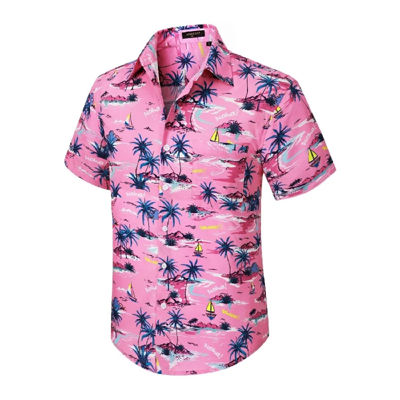 Funky Hawaiian Shirts with Pocket - 21-PINK/PALM TREE Confident Men's High