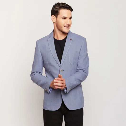 Light Blue Checks Linen Blazer Stylish Men's Tropical 