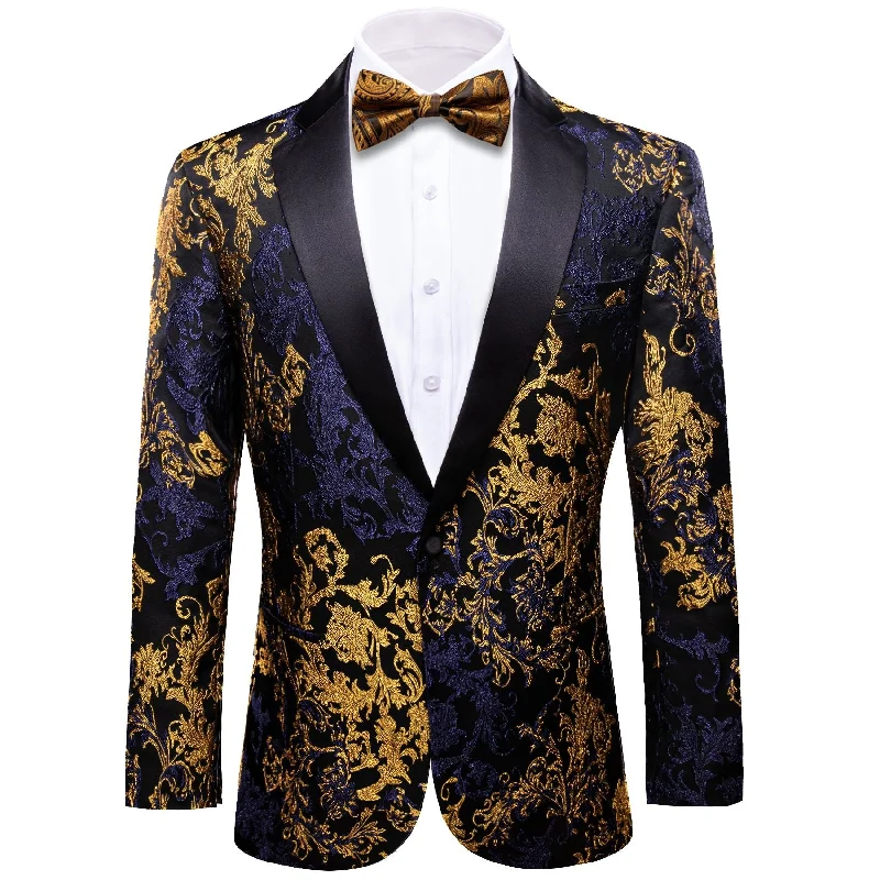 Simon Von  Men's Dress Party Blue Gold Paisley Suit Jacket Slim One Button Stylish Blazer-XX-0108 Laid