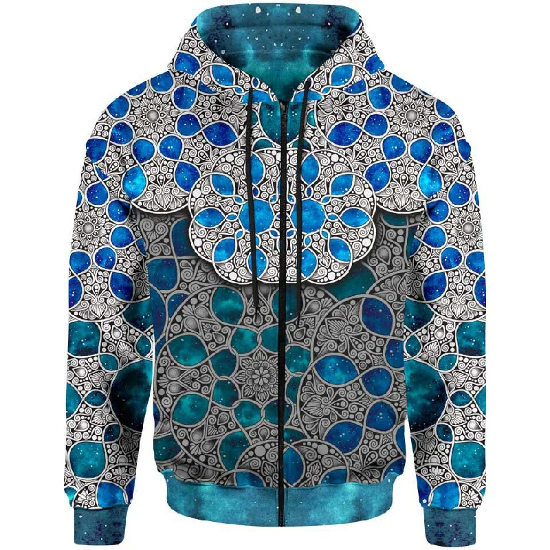 Watercolor Mandala Zip Hoodie Youthful Men's Pop