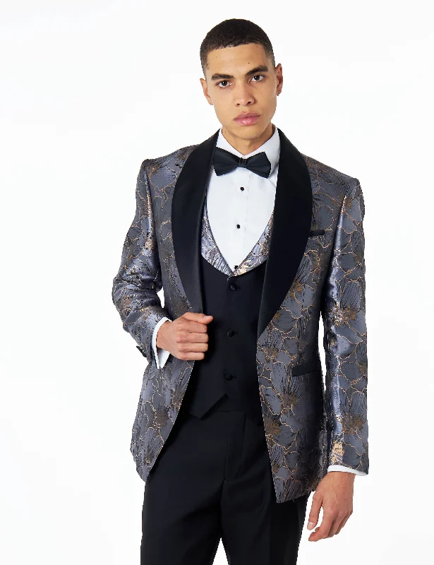 JASON - GREY BLUE FLORAL PRINTED PARTY TUXEDO JACKET Trendy Men's Bucket