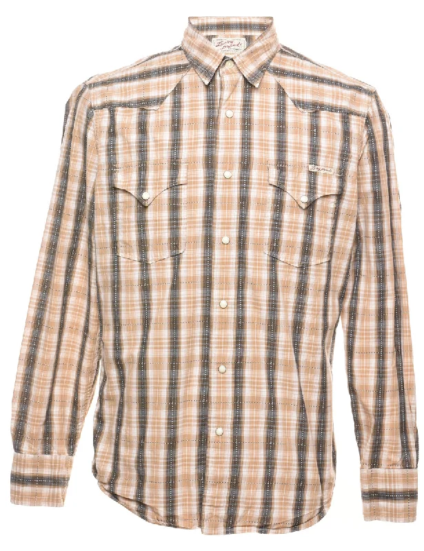 Light Brown & Dark Brown Checked Western Shirt - M Vintage Men's 1970S Disco