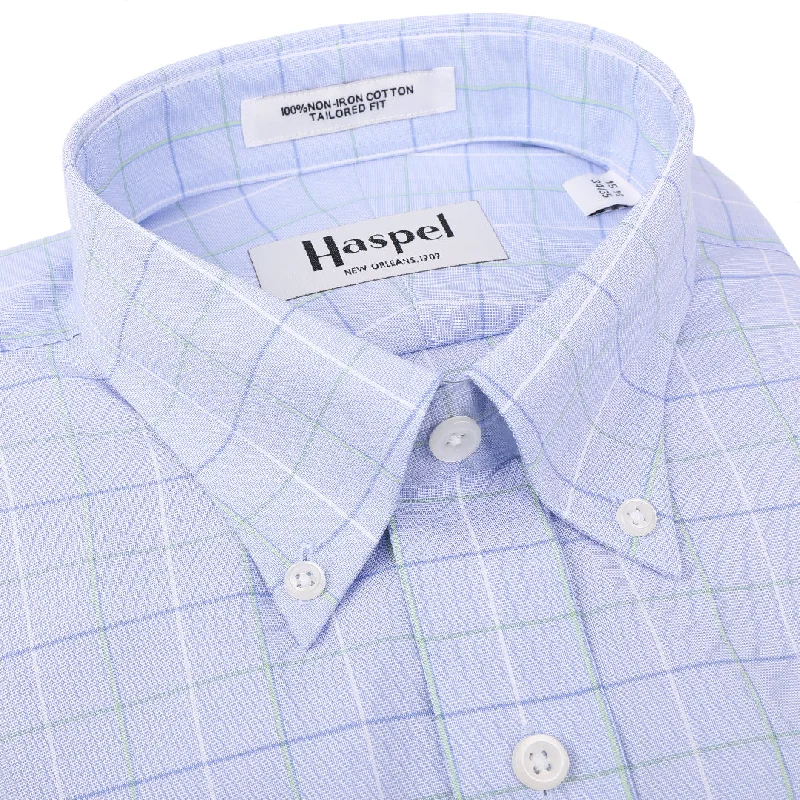 Henry Blue & Green Windowpane Button Down Trim Fit Dress Shirt Tailored