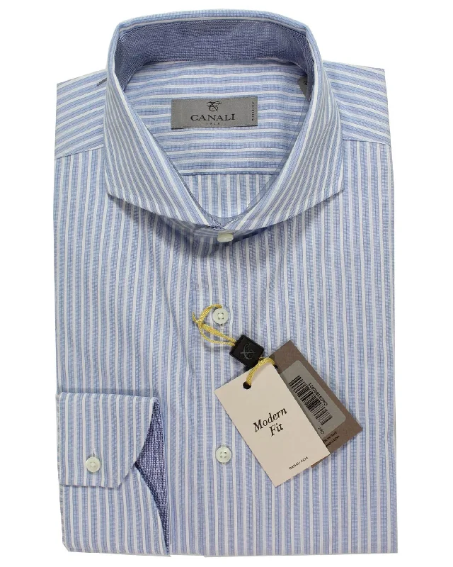 Canali Dress Shirt Blue White Navy Stripes - Modern Fit 40 - 15 3/4 Dapper Men's Bow