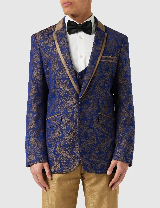 NAVY GOLD BROCADE WEDDING JACKET & WAISTCOAT Athletic Men's Compression