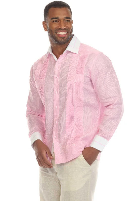 Men's Pinstripe 100% Linen Guayabera Shirt Long Sleeve with Collar Trim Accent Sophisticated Men's French